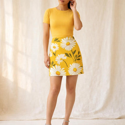 Golden Daisy Glow | Mini Skirt | Floral Print — front view