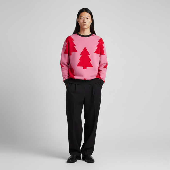 Christmas Trees | Sweatshirt | Red Geometric on Pink