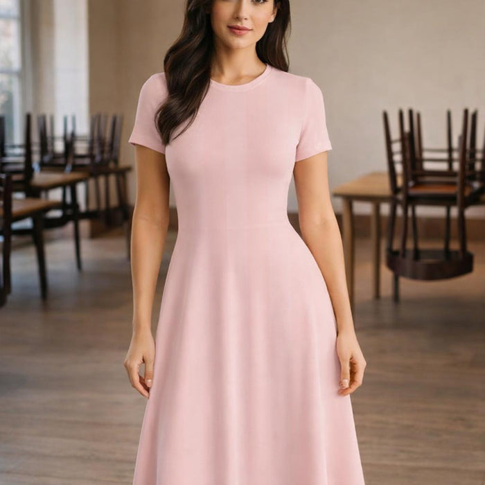 Soft Pink Bloom | A-Line Dress | Fitted Bodice, Flared Midi · design detail