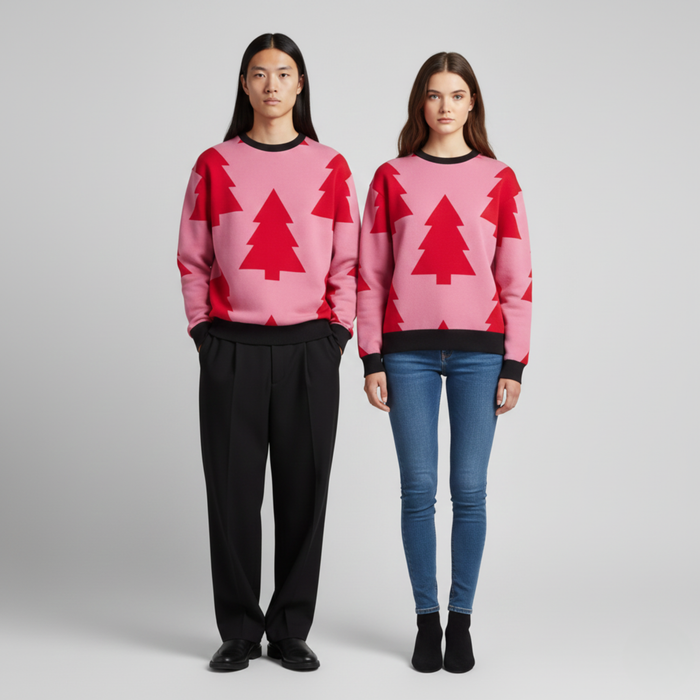 Christmas Trees | Sweatshirt | Red Geometric on Pink