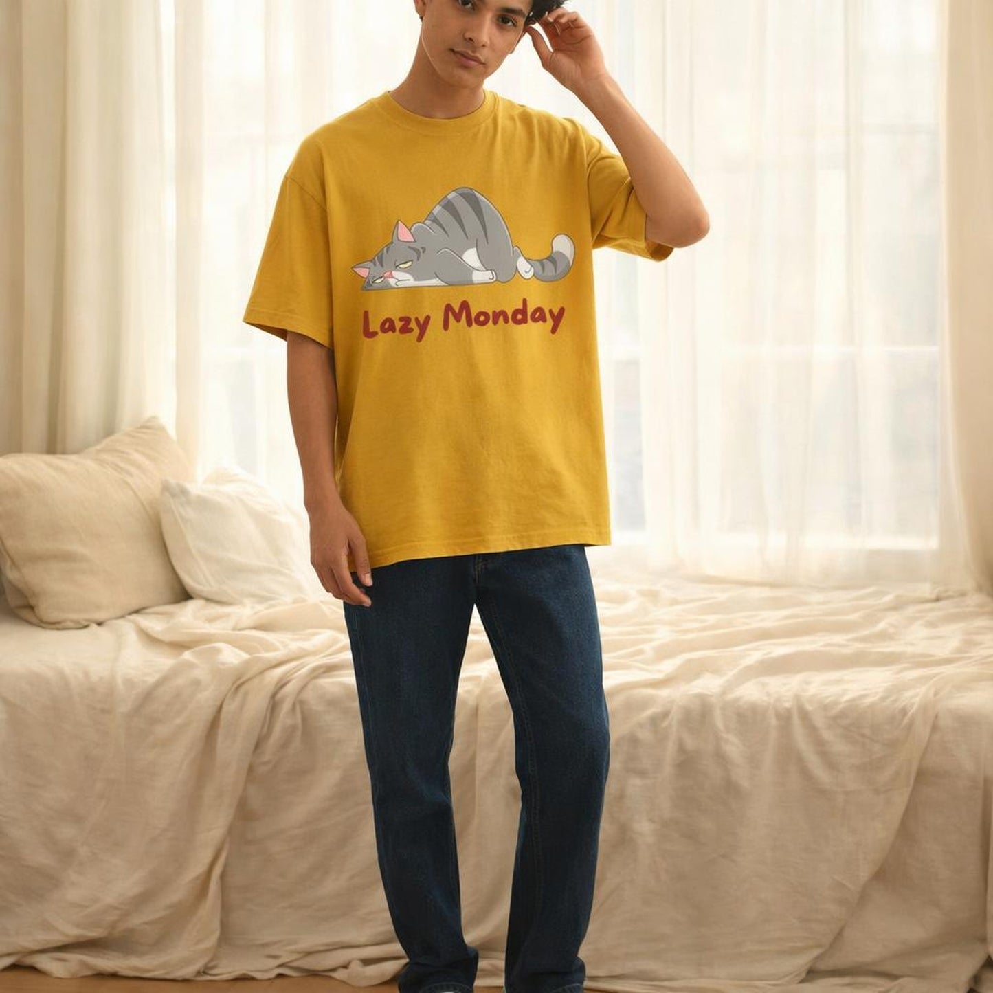 Lazy Monday | Oversized T-Shirt | Mustard Yellow · on a man