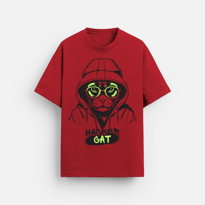 Hacker Cat | Oversized T-Shirt | Red & Black Graphic