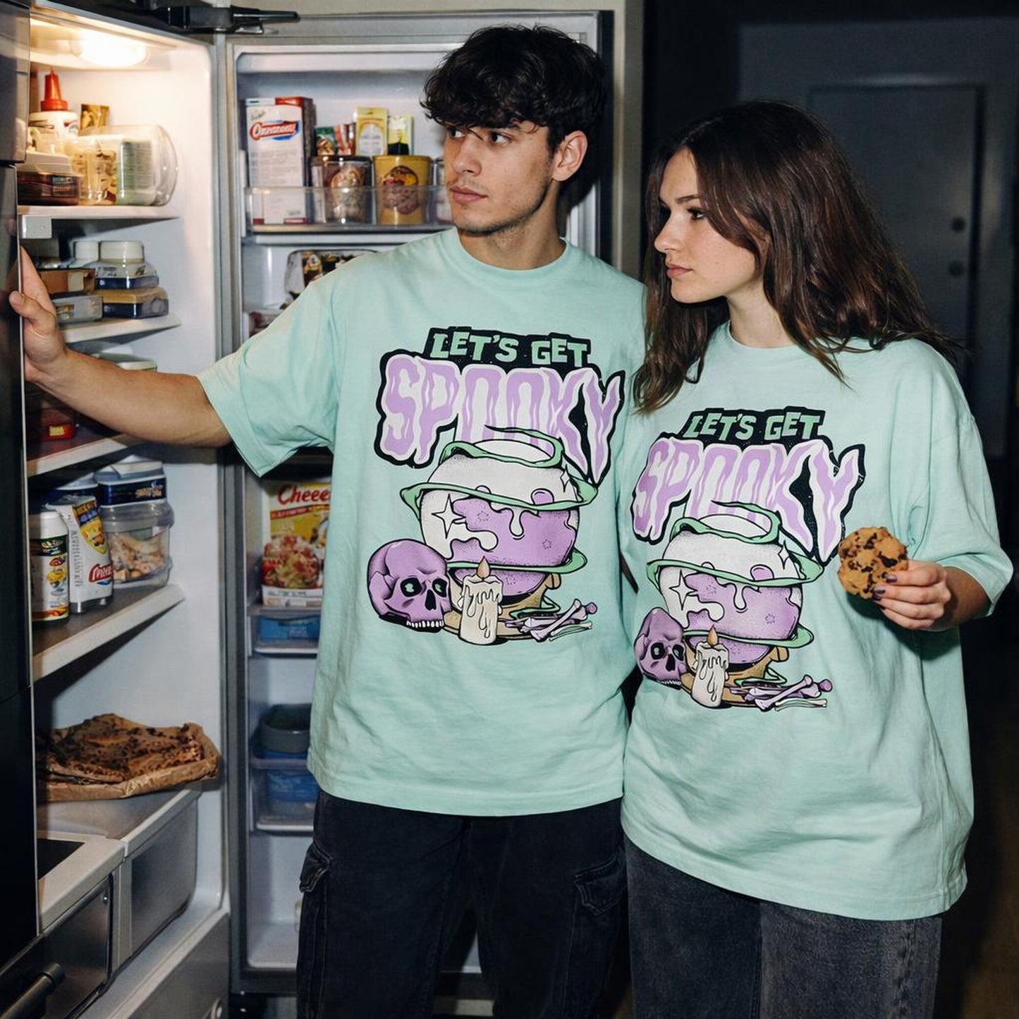 Let's Get Spooky | Oversized Classic T-Shirt | Mint Green · on a man and a woman