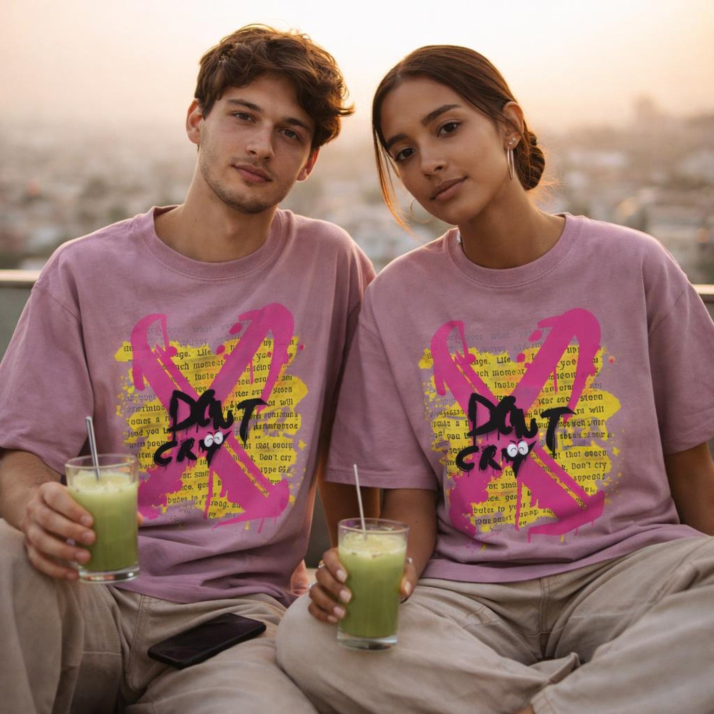Don't Cry | Oversized T-Shirt | Pink with Splatter Ribbon — design detail