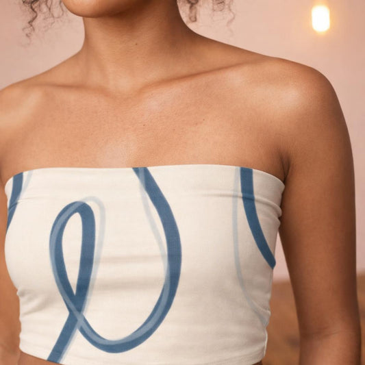 Contour Flow | Tube Top | Beige with Blue Line Art — design detail