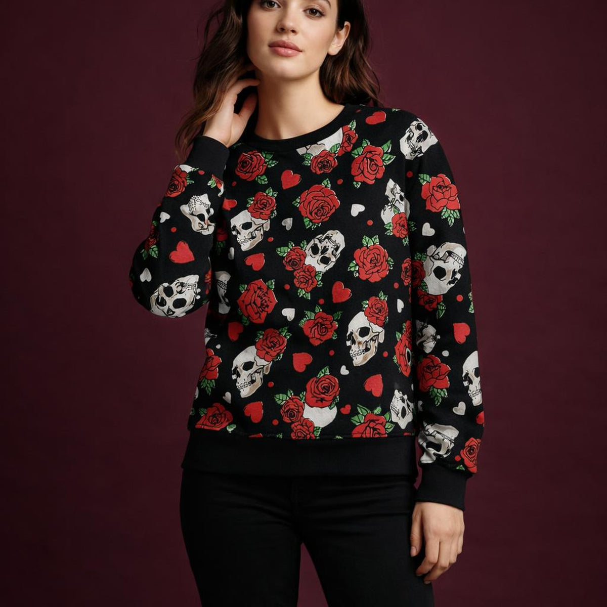 SkullRose | Sweatshirt | Gothic Tattoo Print · on a woman