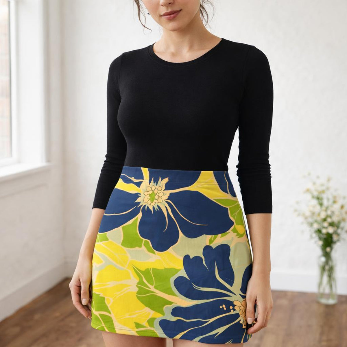 Sunshine Bloom | Mini Skirt | Yellow with Indigo Floral · front view