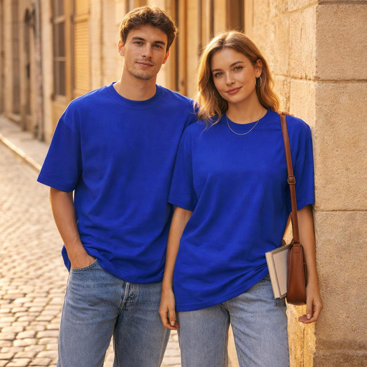 Royal Blue Classic | Oversized T-Shirt | 100% Cotton · on a man and a woman
