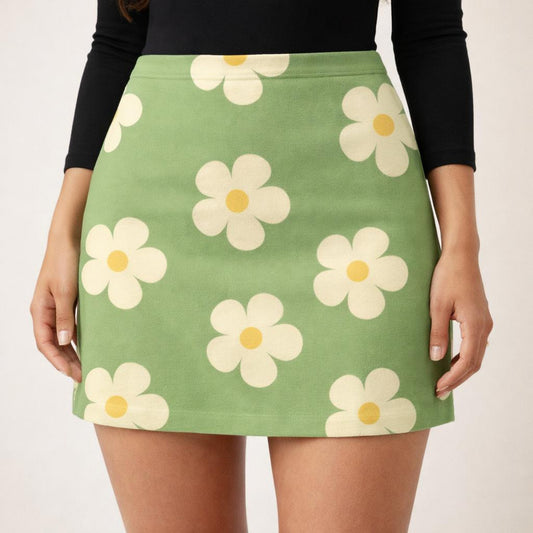 Daisy Drift | Floral Mini Skirt | Sage & Cream — design detail