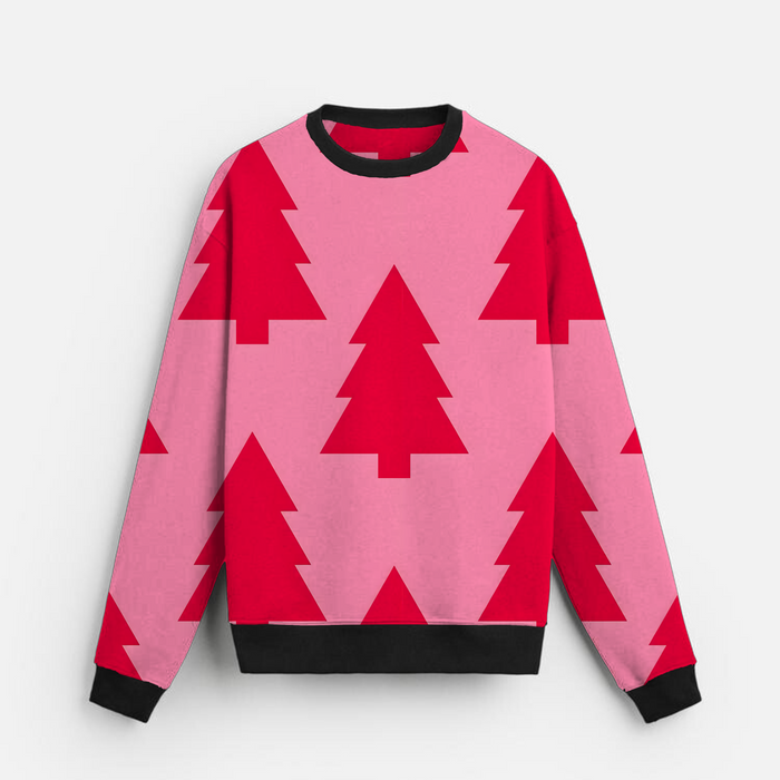Christmas Trees | Sweatshirt | Red Geometric on Pink