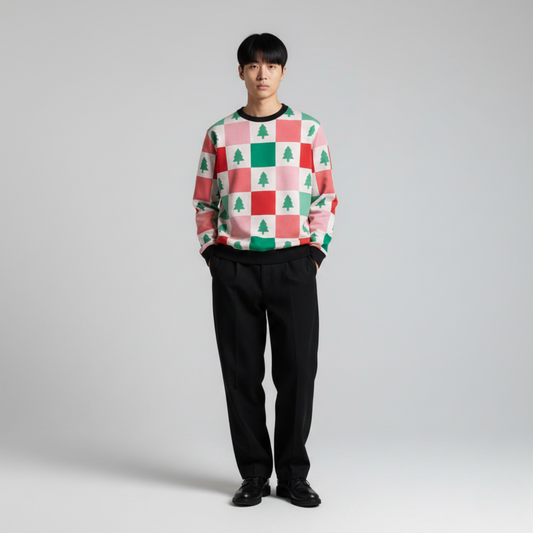 Checkered Tree Cheer | Festive Grid | Red Green White | Unisex Sweatshirt