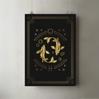 Pisces Zodiac | A3 Poster | Gold Dolphins & Celestial