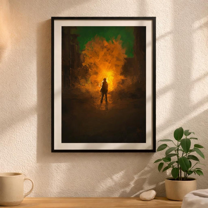 Sword & Inferno | A3 Poster | Dramatic Orange Explosion — design detail