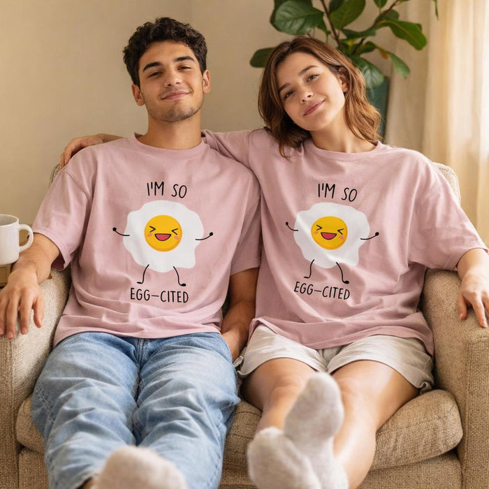 Egg-Cited | Oversized Classic T-Shirt | Smiley Egg Graphic — design detail