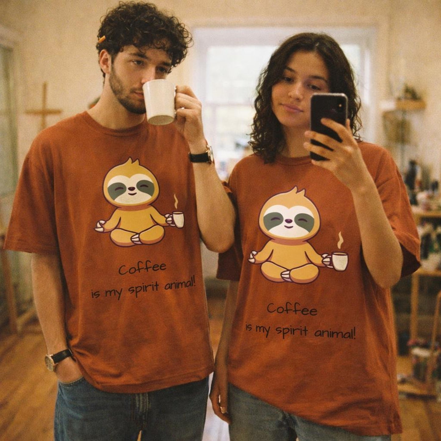 Coffee Spirit Animal | Oversized T-Shirt | Sloth Graphic Brown — design detail