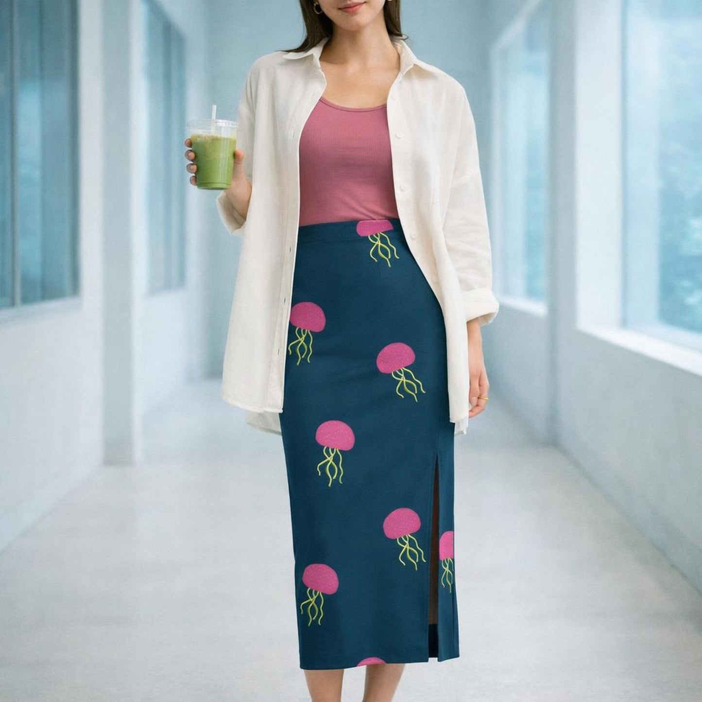 Electric Jellyfish | Pencil Skirt | Neon Pink on Navy — lifestyle
