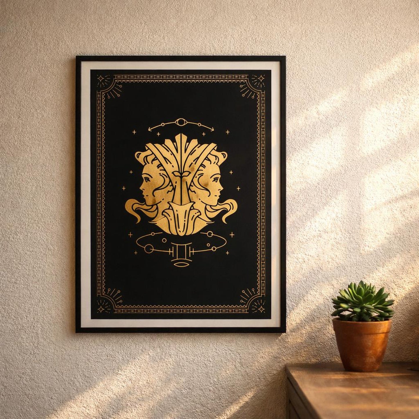 Gemini Duality | Poster | Gold Border A3 — design detail