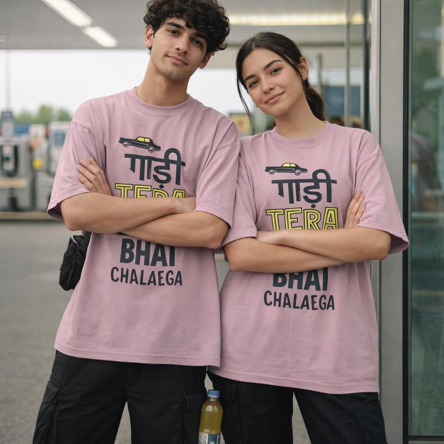 Gaadi Tera Bhai Chalaega | Oversized T-Shirt | Pink — design detail