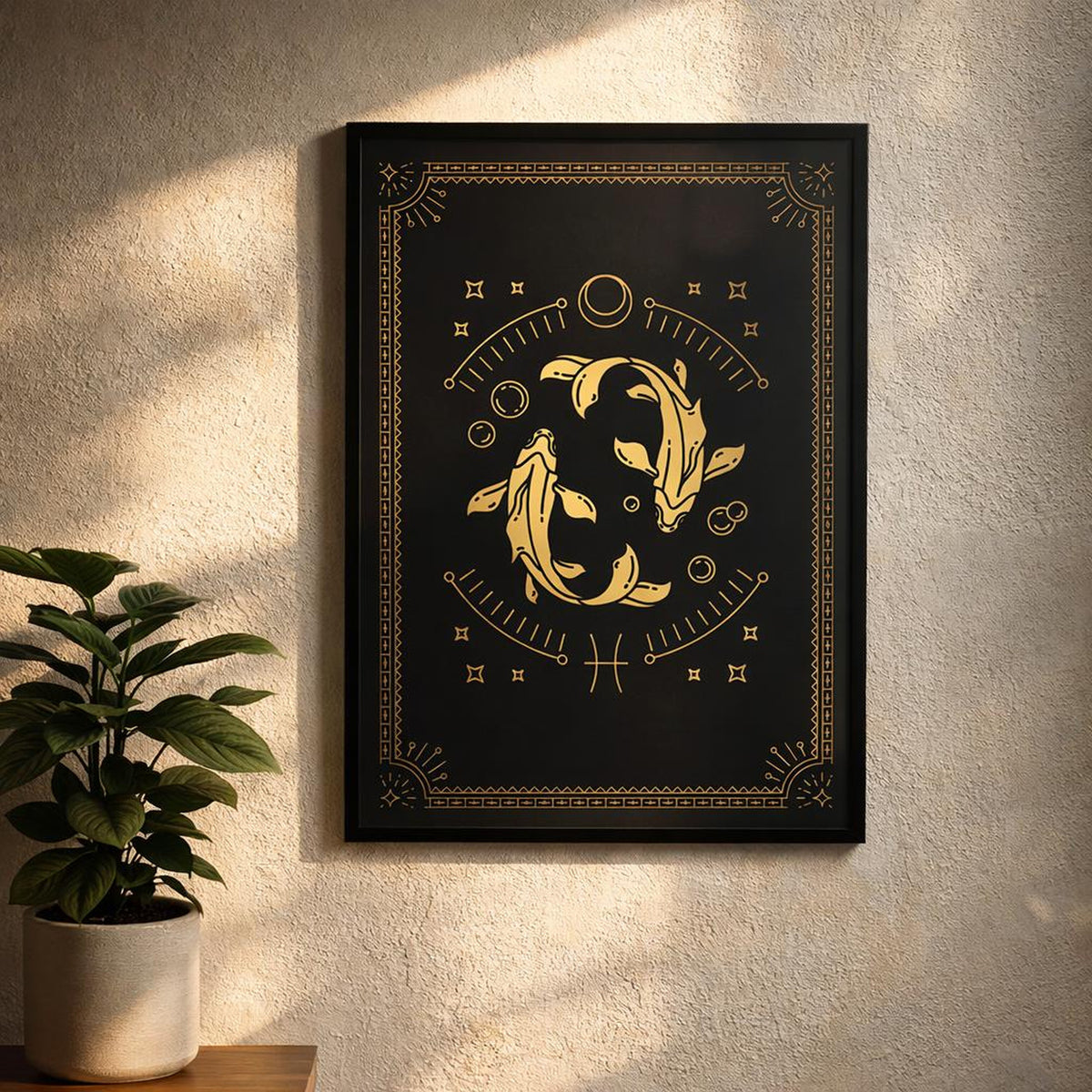 Pisces Zodiac | A3 Poster | Gold Dolphins & Celestial · design detail