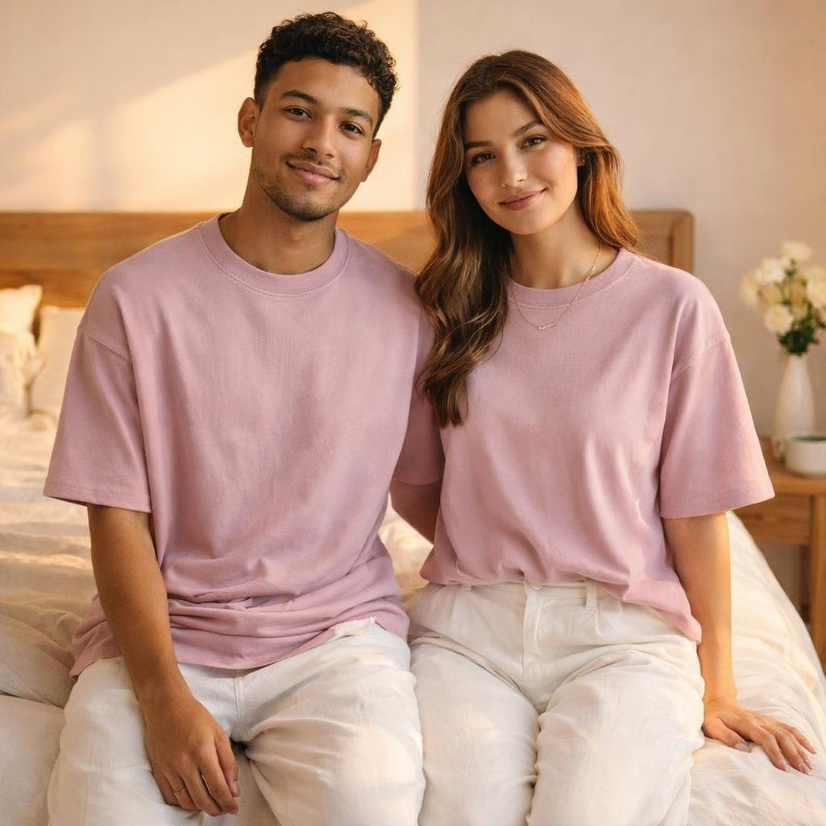 Cyber Lavender | Oversized T-Shirt | Future-Feeling Purple · on a man and a woman