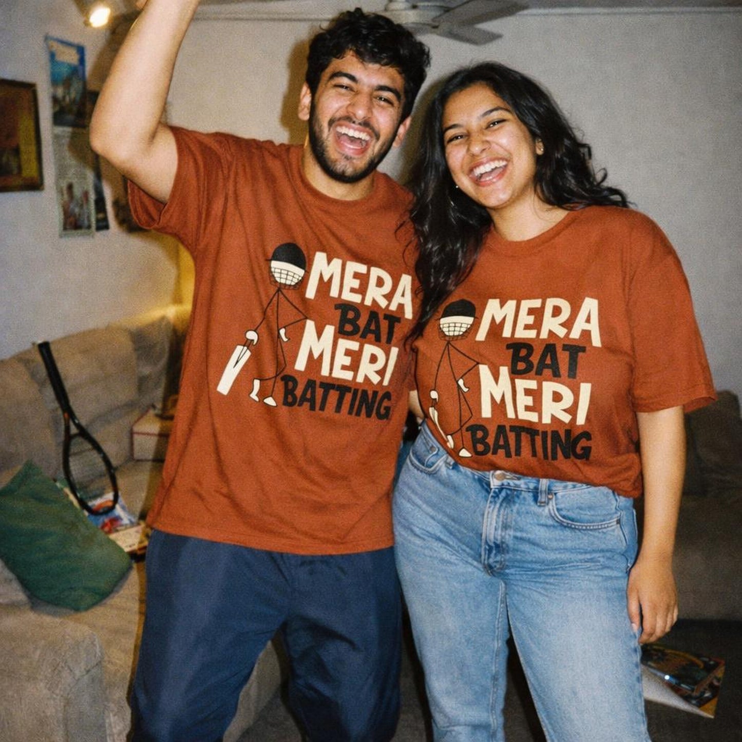 Mera Bat Meri Batting | Oversized T-Shirt | Brown Cricket Graphic · on a man and a woman