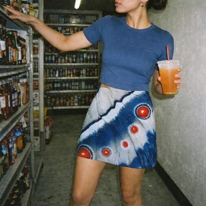 Crimson Wing | Mini Skirt | Blue & Red Print — lifestyle