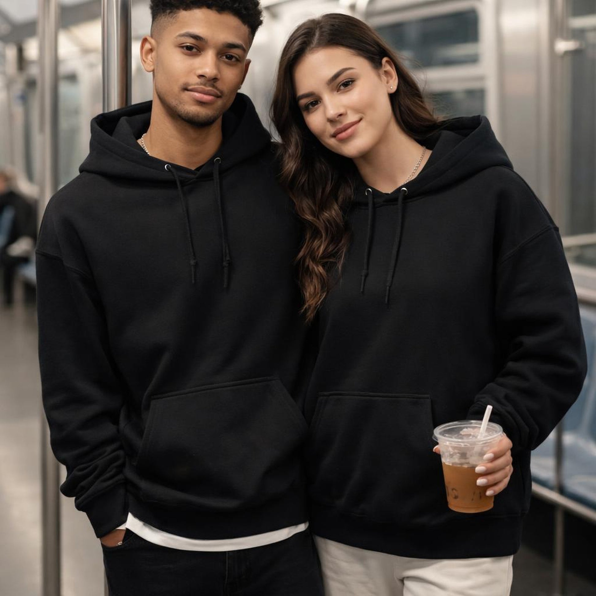 The Onyx Standard | Hoodie | Pure Black · on a man and a woman