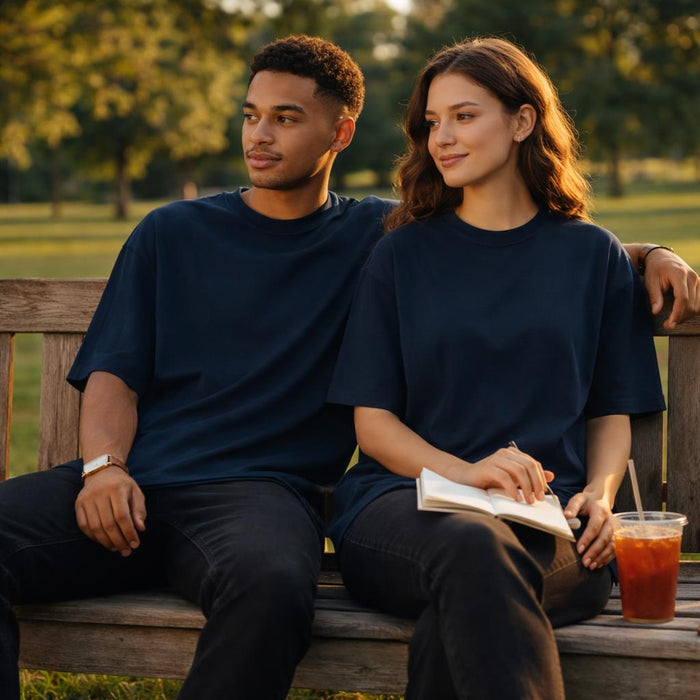 Cozy Mode Essential | Oversized T-Shirt | Deep Navy · on a man and a woman