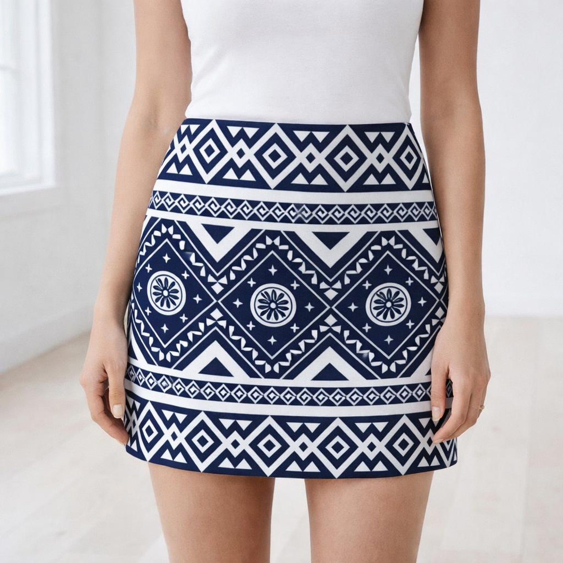 Indigo Tribe | Mini Skirt | Geometric White · front view