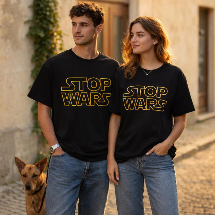 Stop Wars | Oversized T-Shirt | Bold Yellow Graphic · on a man and a woman