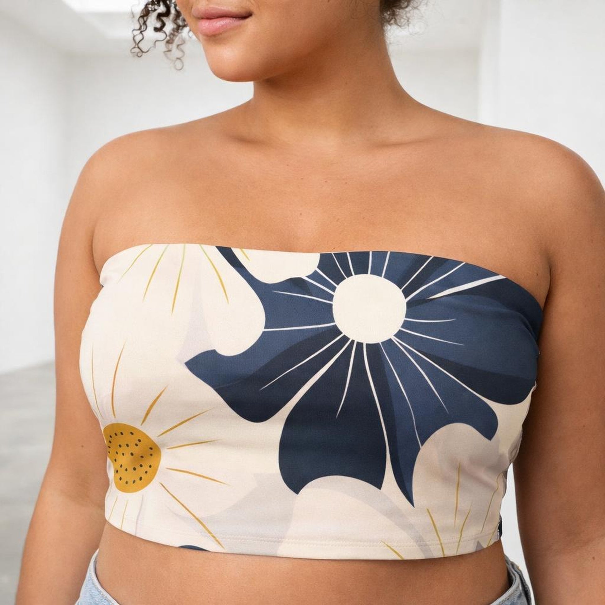 Midnight Bloom | Floral Tube Top | Navy & Ivory · front view