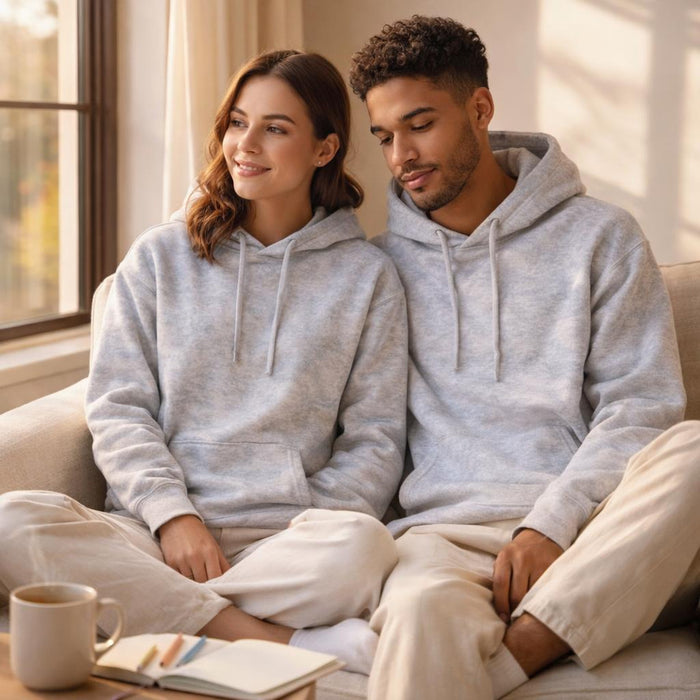 Urban Chill | Hoodie | Grey Melange · on a man and a woman