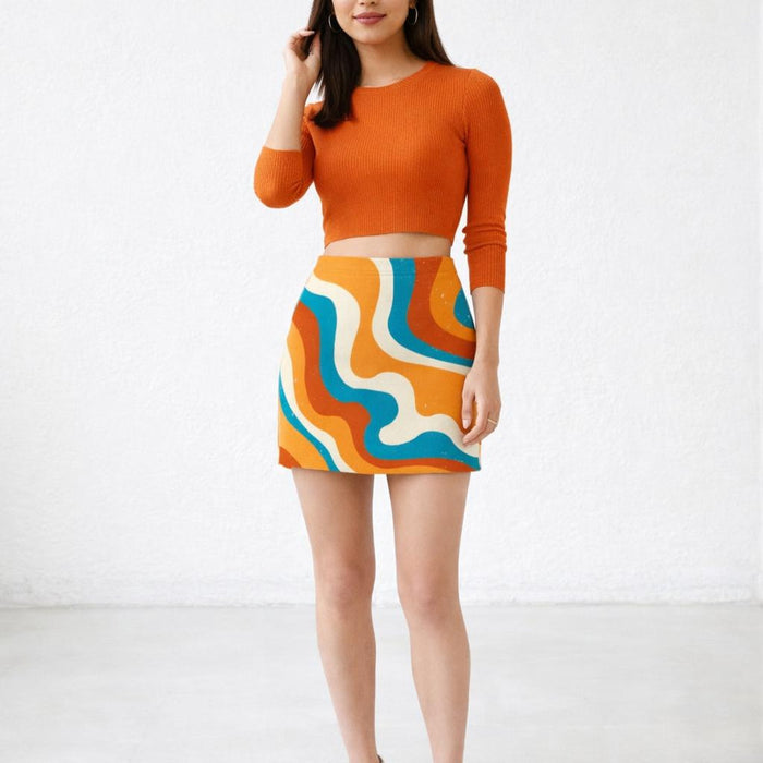Retro Wave | Mini Skirt | Orange Abstract · front view