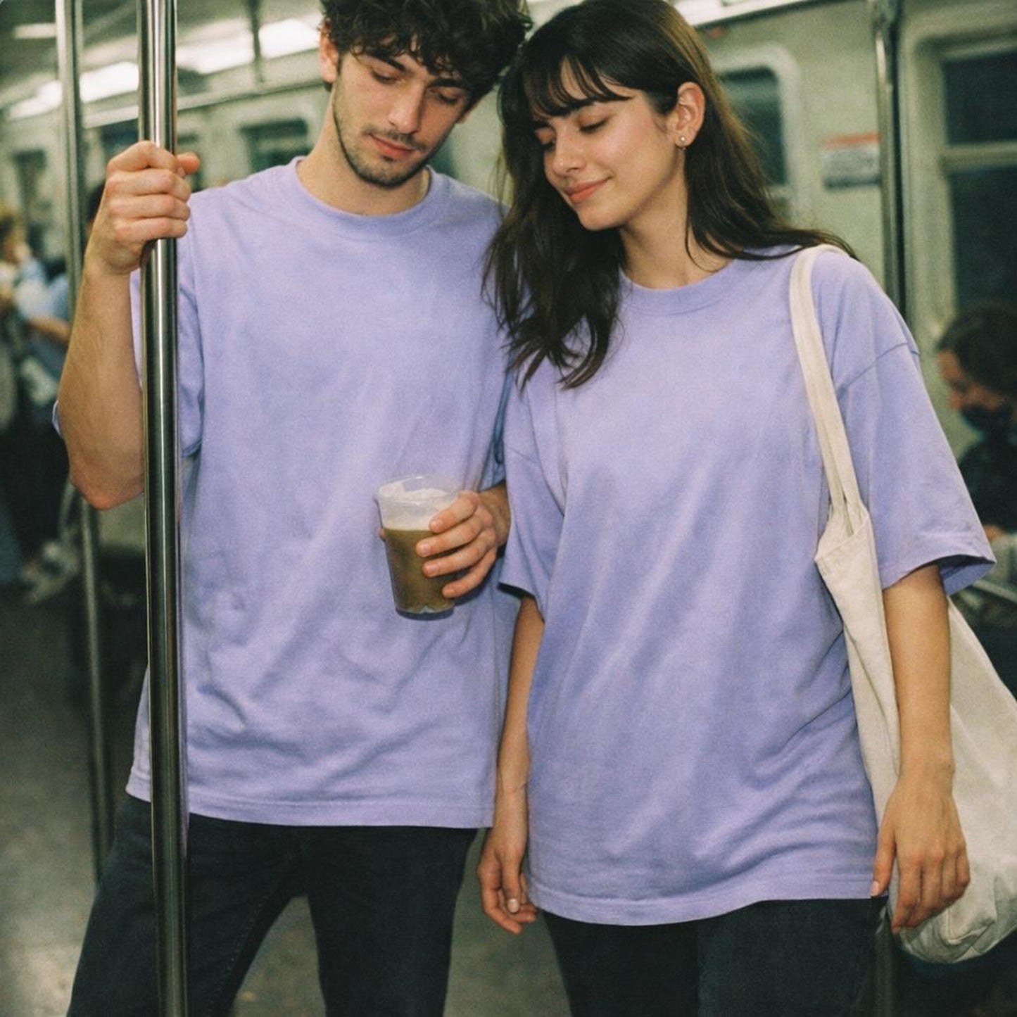 Lavender Plain | Oversized Classic T-Shirt | Soft Purple · on a man and a woman