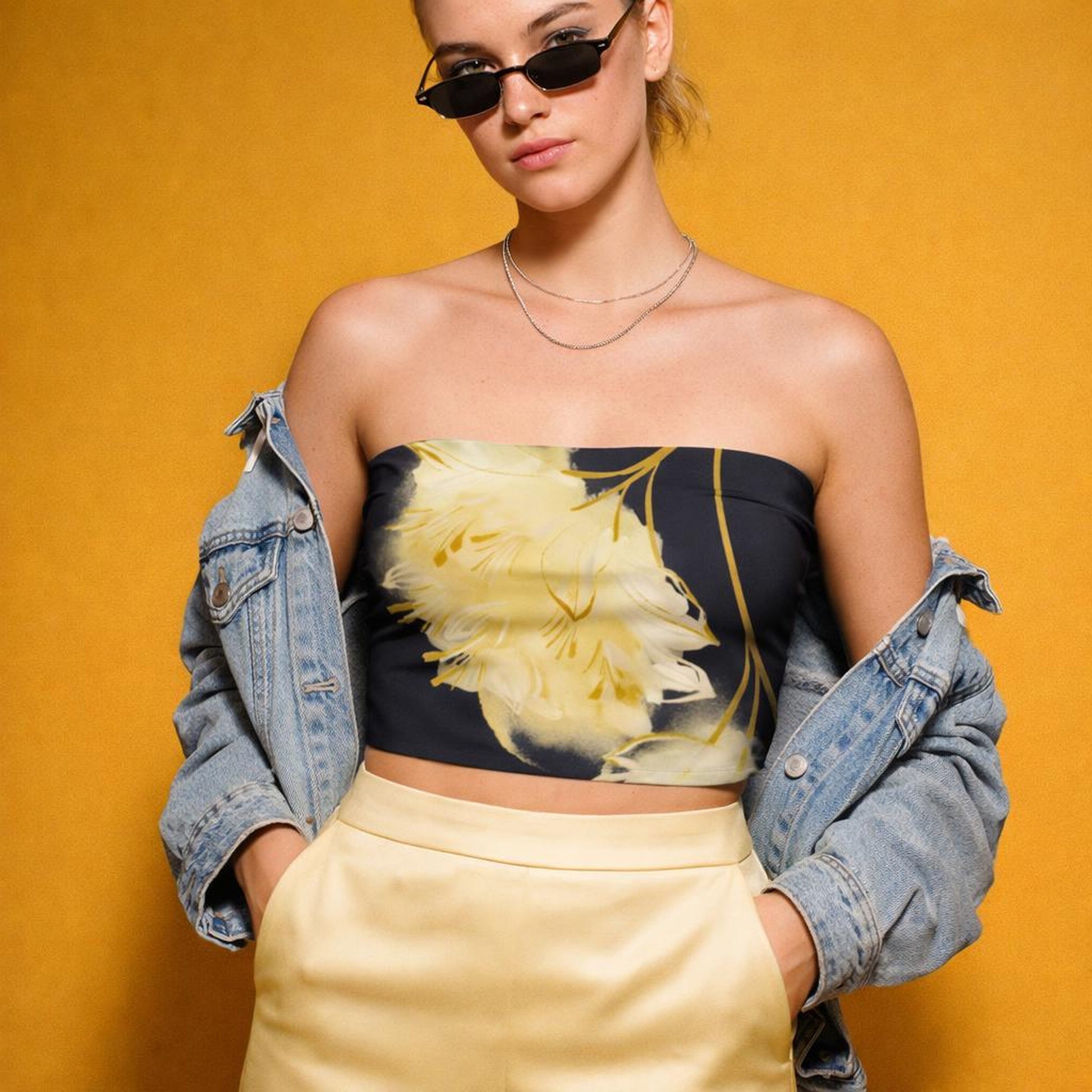 Golden Night Bloom | Tube Top | Yellow Floral on Black · lifestyle