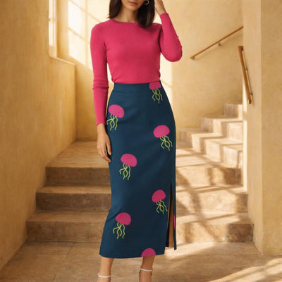 Electric Jellyfish | Pencil Skirt | Neon Pink on Navy — front view