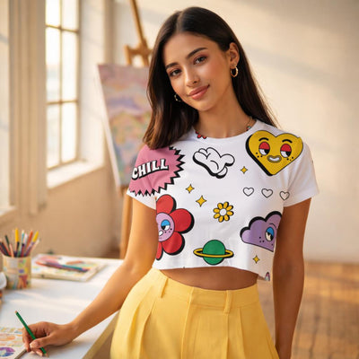 Chill Mode Essentials | Crop Top | White with Playful Doodles · lifestyle