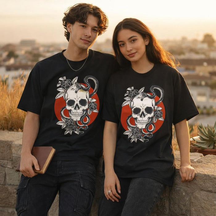 Skull n Snake | Oversized T-Shirt | Black · on a man and a woman