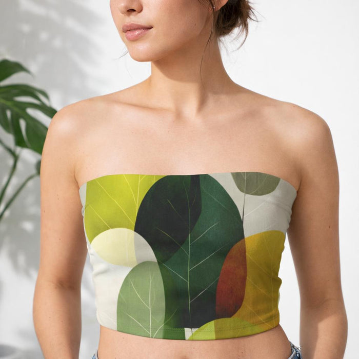 Verdant Layers | Tube Top | White Abstract Leaf · front view