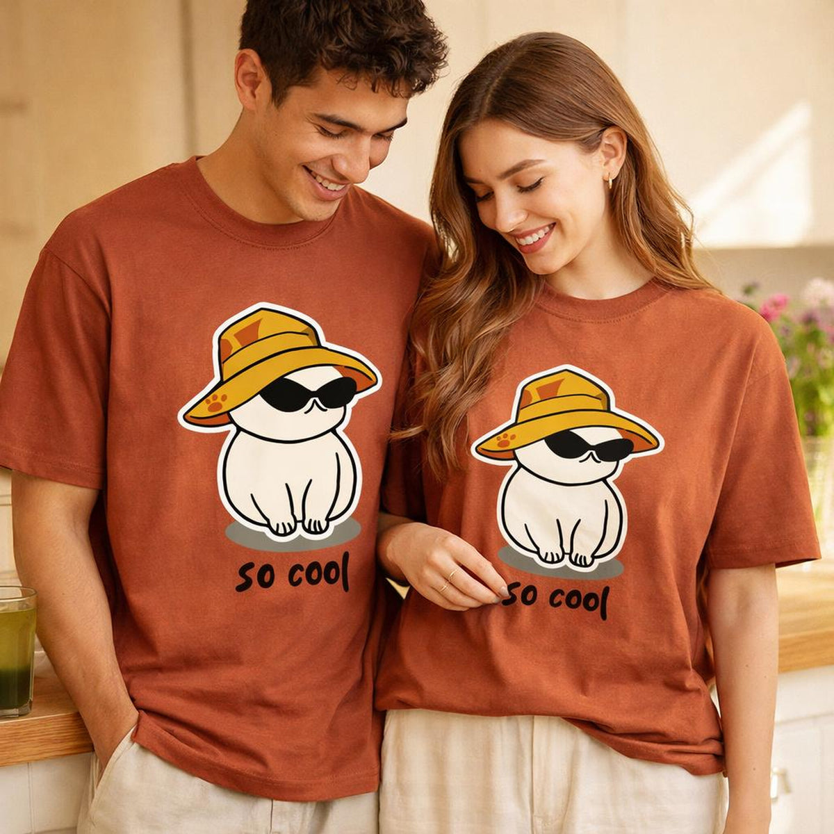 So Cool | Oversized T-Shirt | Cartoon Cat Graphic · on a man and a woman
