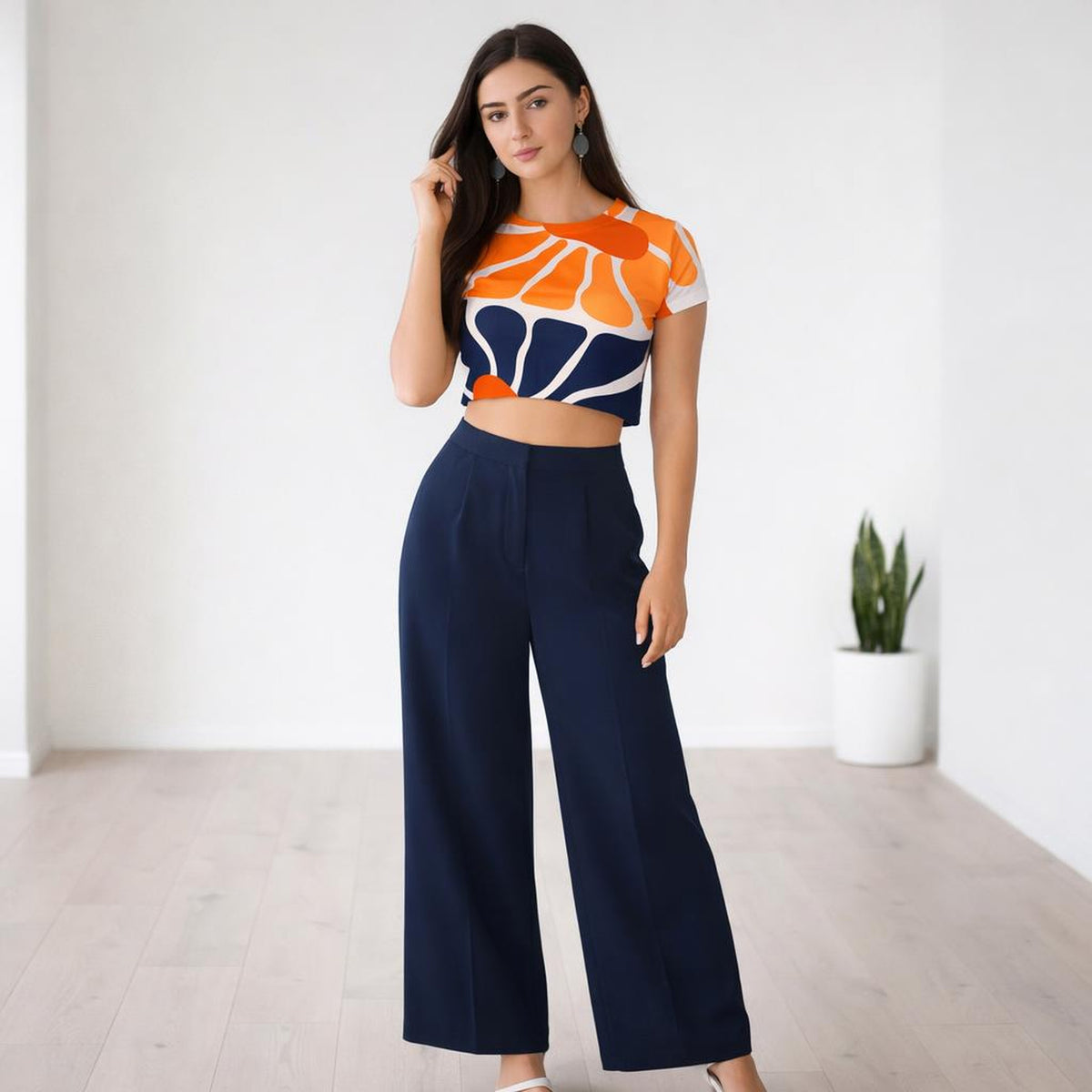 Orange & Blue Circles | Crop Top | Fitted · front view