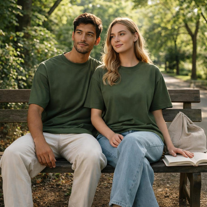 Grounded Olive | Oversized T-Shirt | Muted Sage Green · on a man and a woman