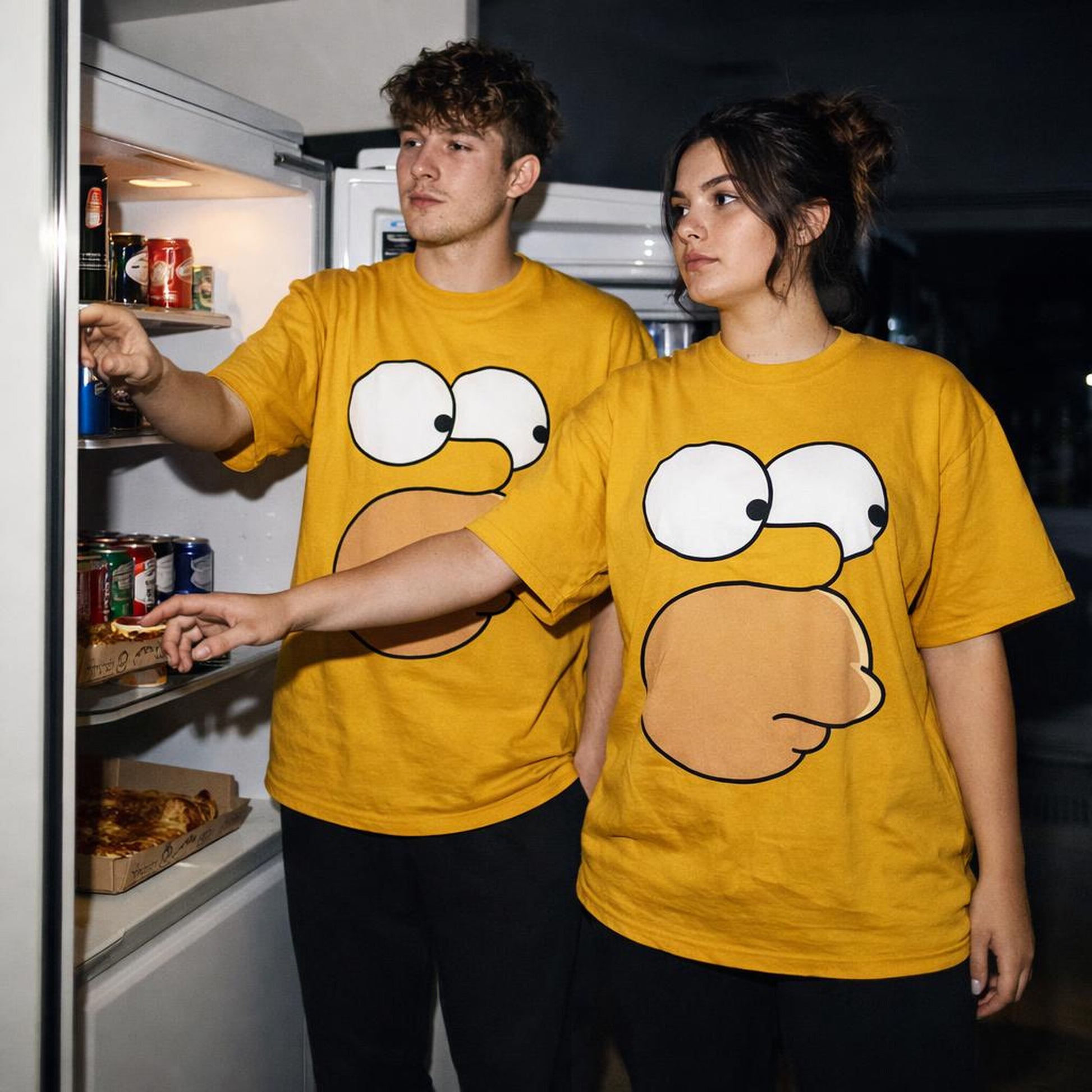 Homer's Golden Hour | Oversized T-Shirt | Mustard Yellow · on a man and a woman