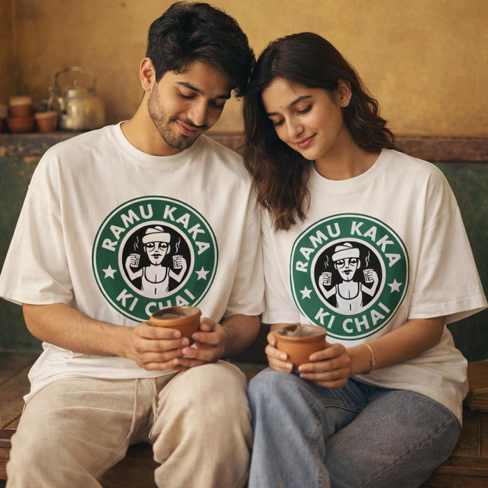 Ramu Kaka's Chai | Oversized T-Shirt | Green Circle Logo · on a man and a woman
