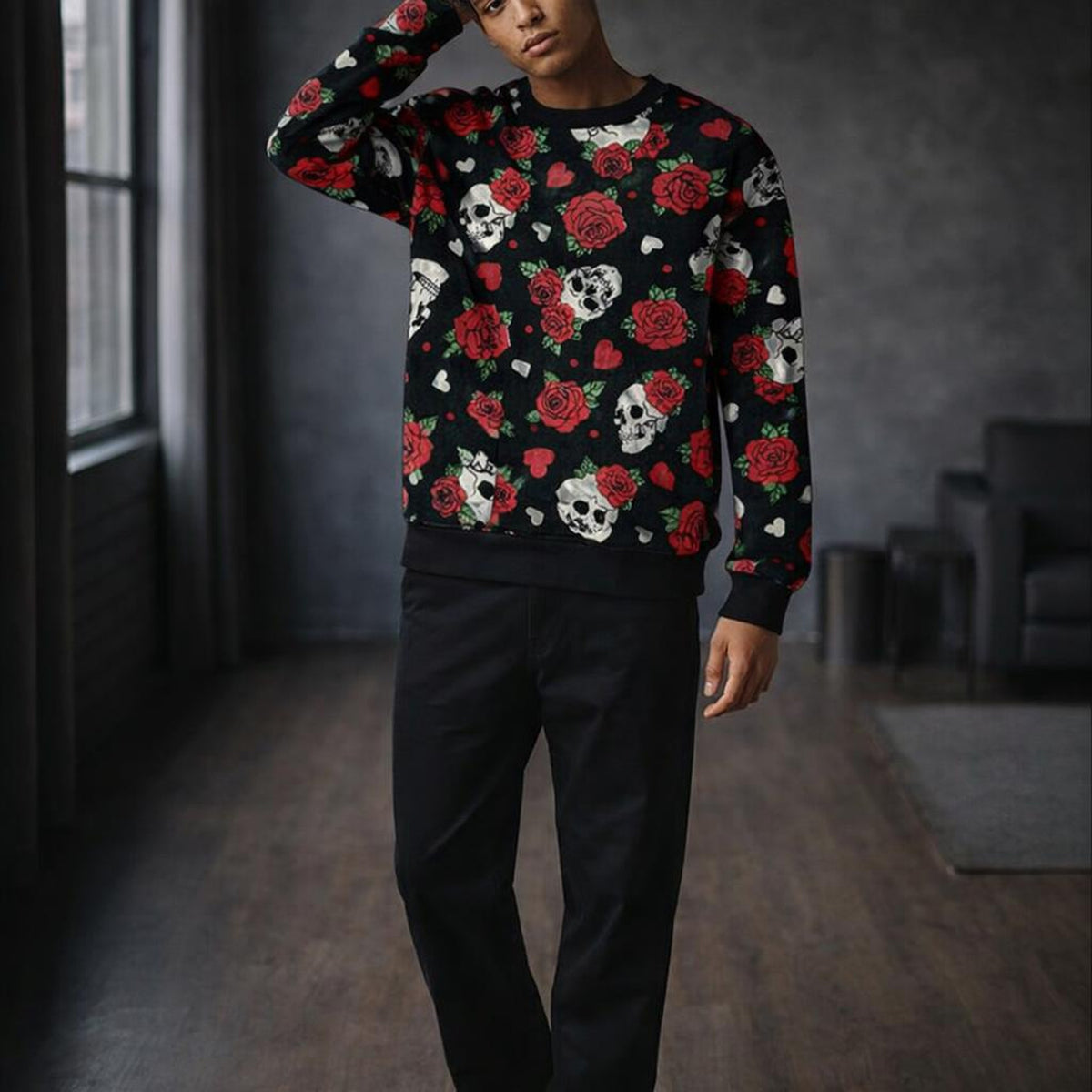SkullRose | Sweatshirt | Gothic Tattoo Print · on a man