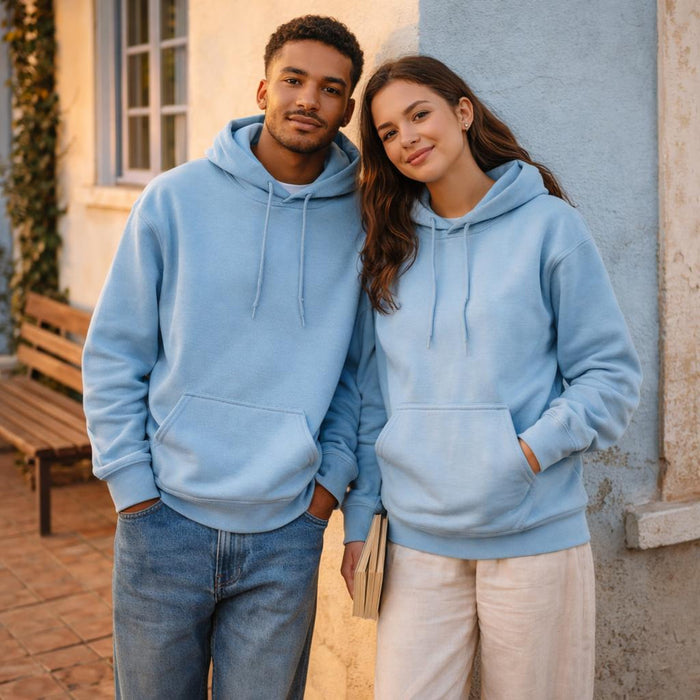 Cloudy Sky Comfort | Hoodie | Baby Blue · on a man and a woman