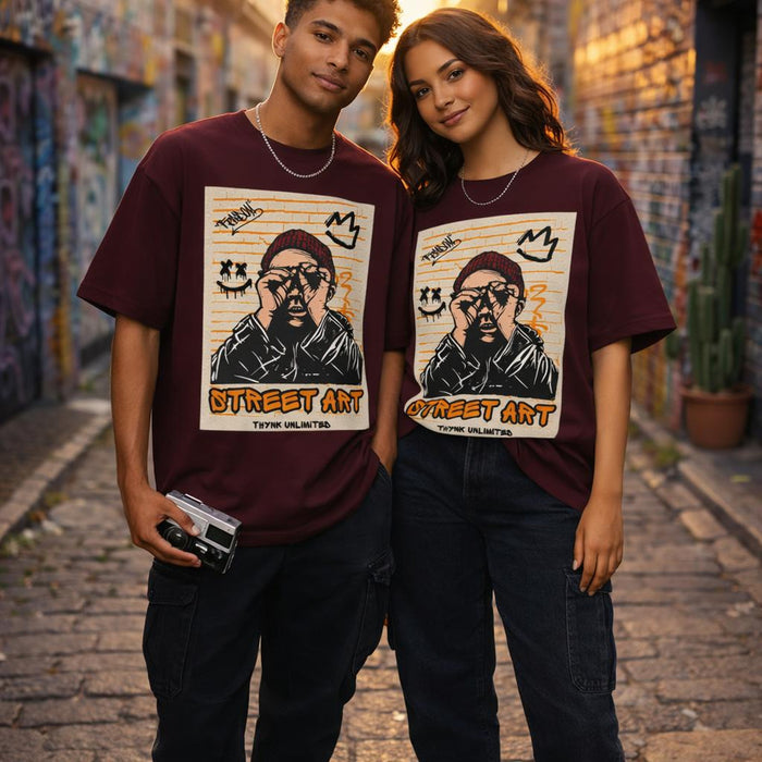 Street Art | Oversized Classic T-Shirt | Maroon · on a man and a woman