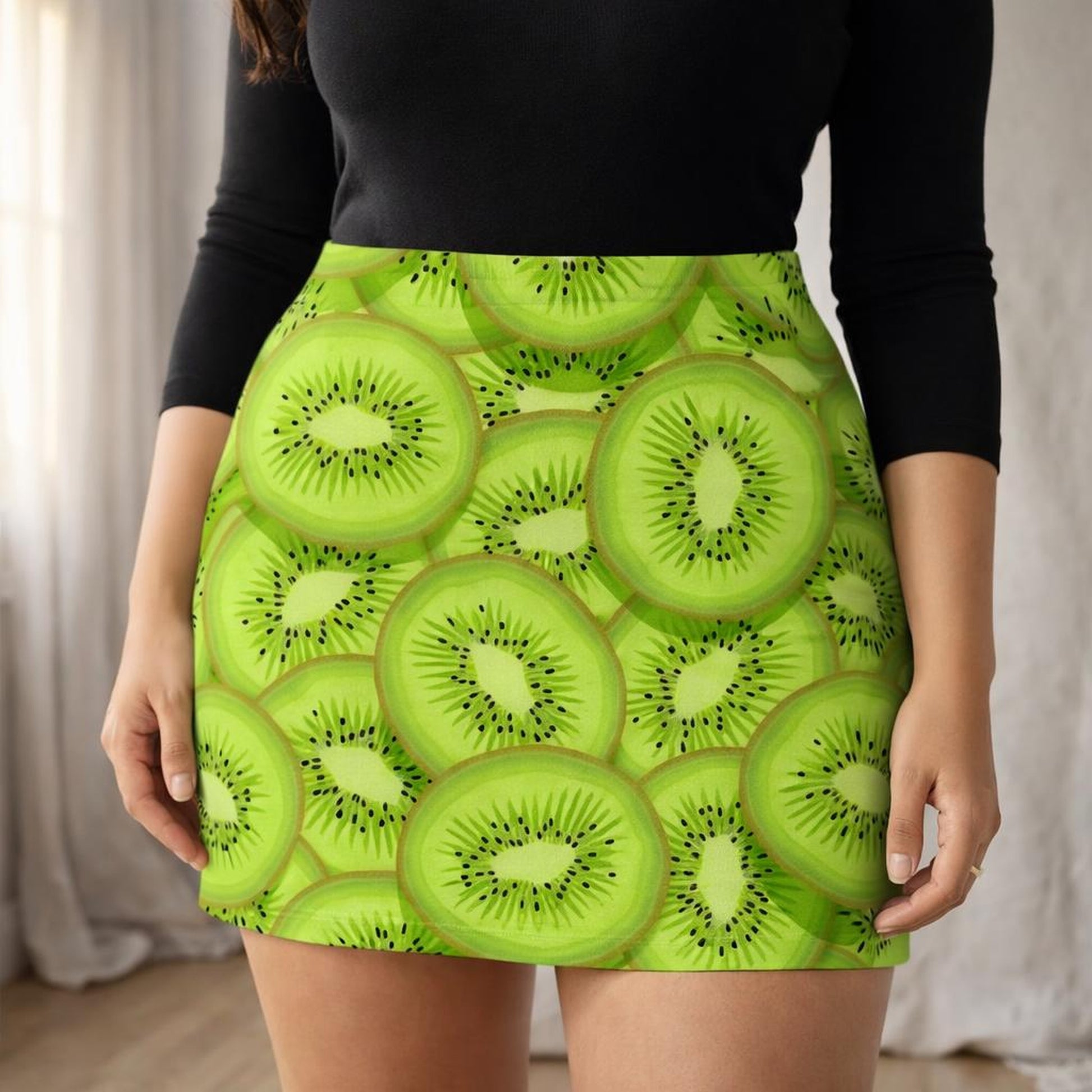 Kiwi Pop | Mini Skirt | Fresh Green Fruit Graphic · front view