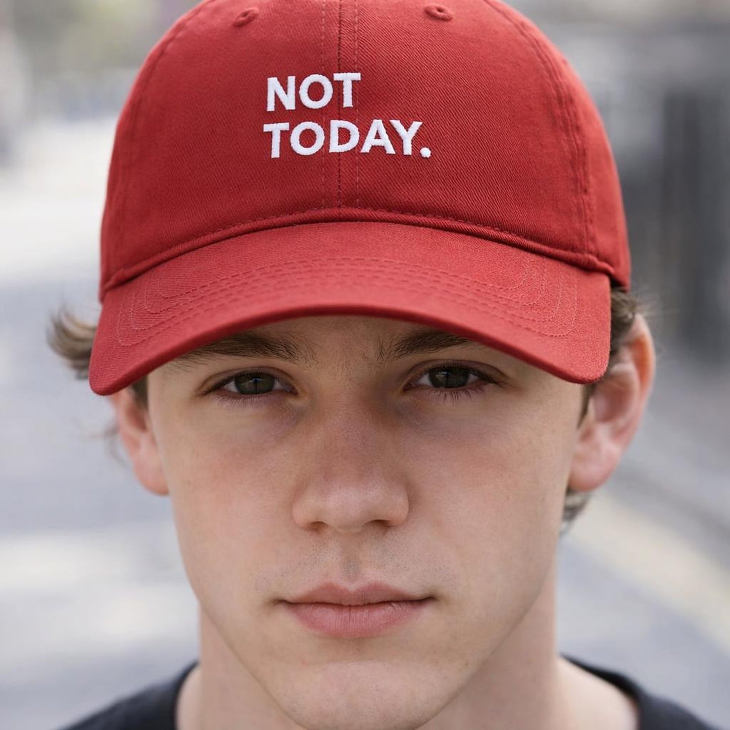 Not Today | Baseball Cap | Red Embroidered · design detail