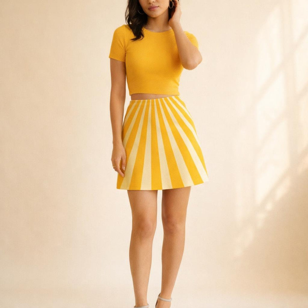 Sunburst Glow | Mini Skirt | Yellow Diagonal Stripes · front view
